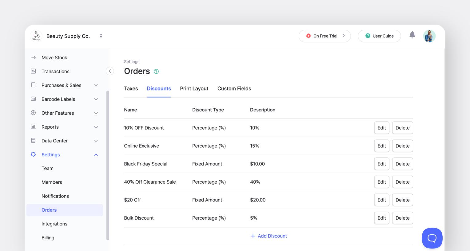 BoxHero Order Settings > Taxes & Discounts